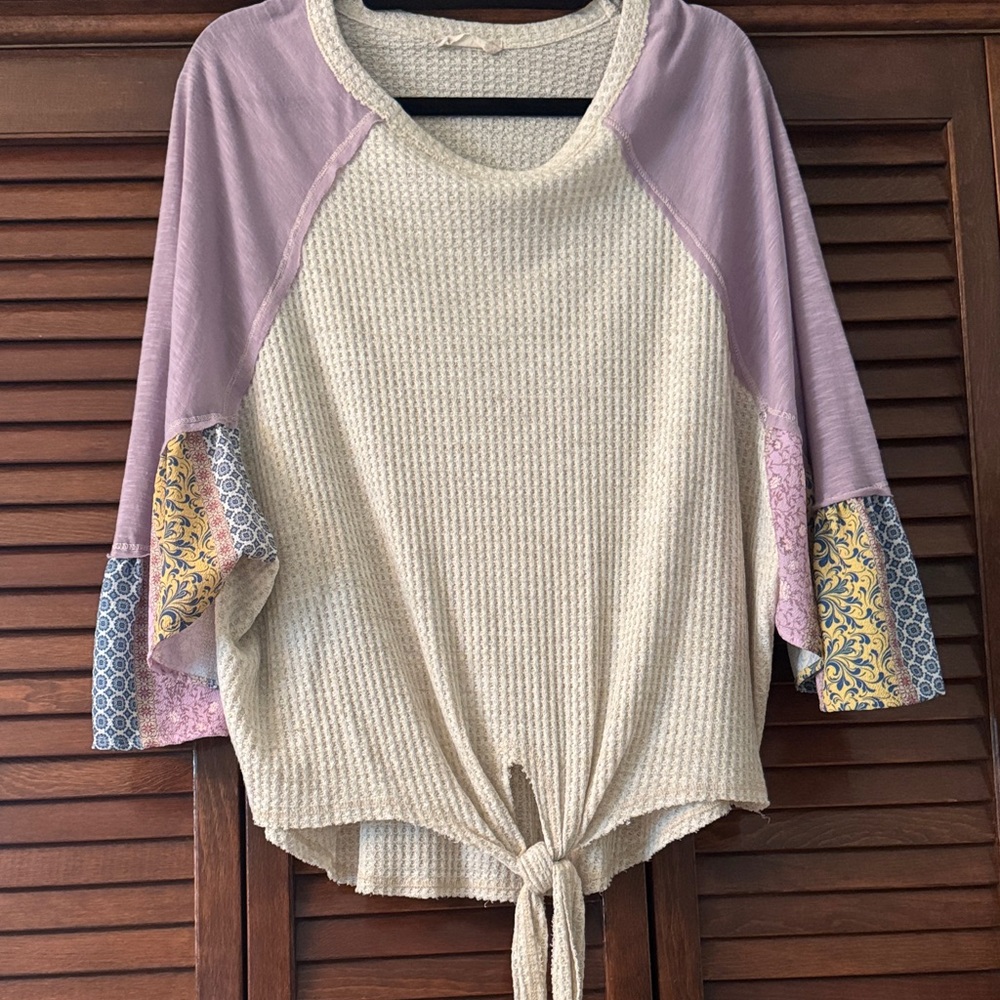 Women's Cream and Purple Top with Patterned Sleeves